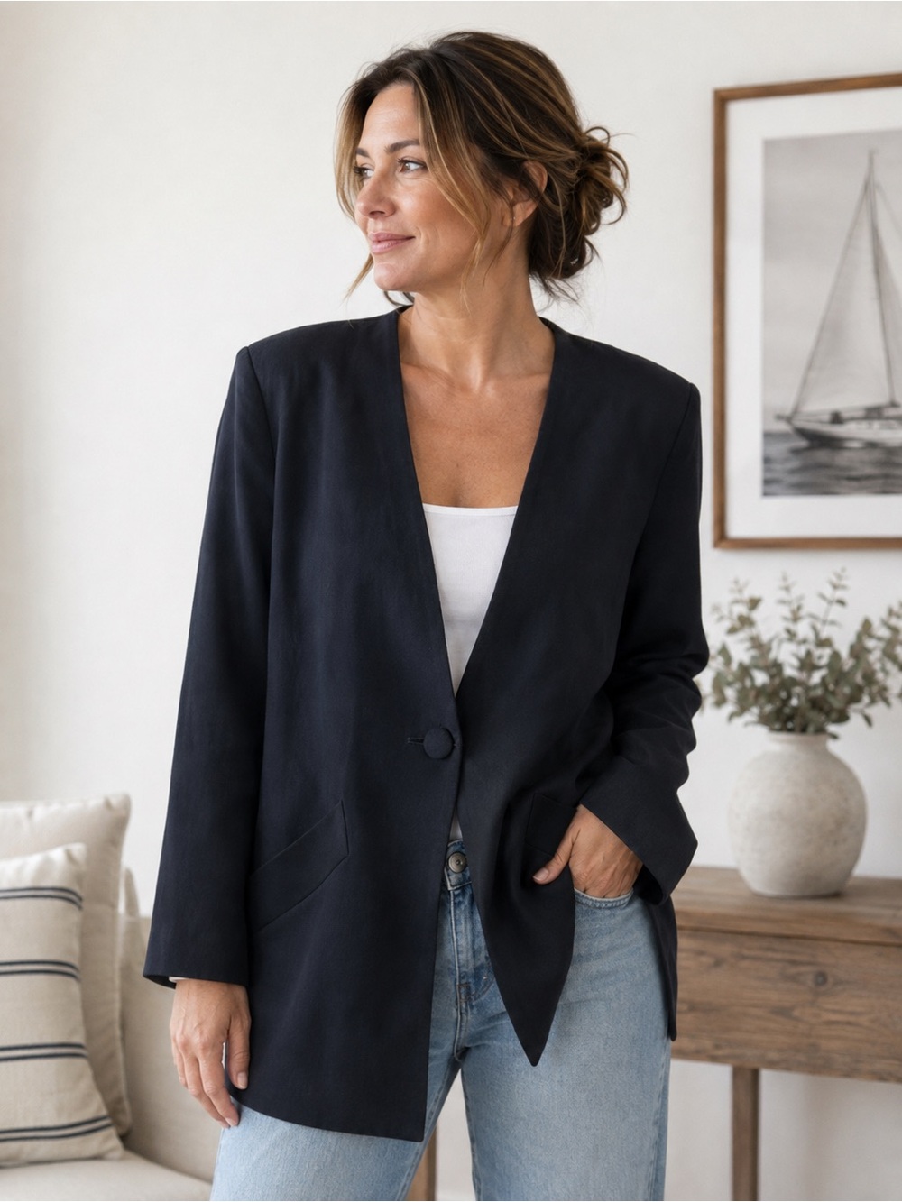 Vintage Saville Black Collarless Single Button Blazer Jacket Size Large